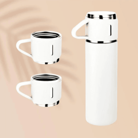 Insulated Vacuum Flask Set -Water Bottle With 3 Cups Gift Set, Thermos Water Bottle For Hot And Cold Drinks - Reusable Stainless Steel Water Bott (Color: White)