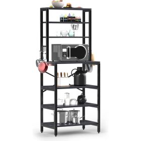 Modern Metal Wood Kitchen Baker's Rack Shelf Microwave Stand (Color: Black)