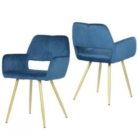Set of 2 Modern Upholstered Dining Chair with Gold Metal Legs (Color: Blue Velvet)