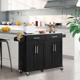 Kitchen Cart Island with Stainless Steel Top 2 Drawers and Cabinet (Color: Black)