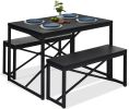Modern 3-Piece Dining Set - Metal Frame Wood Top Table and 2 Bench Chairs