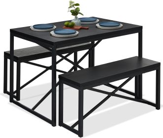 Modern 3-Piece Dining Set - Metal Frame Wood Top Table and 2 Bench Chairs (Color: Black)