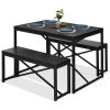 Modern 3-Piece Dining Set - Metal Frame Wood Top Table and 2 Bench Chairs