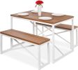 Modern 3-Piece Dining Set - Metal Frame Wood Top Table and 2 Bench Chairs