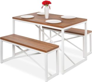 Modern 3-Piece Dining Set - Metal Frame Wood Top Table and 2 Bench Chairs (Color: White)