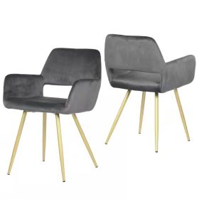 Set of 2 Modern Upholstered Dining Chair with Gold Metal Legs (Color: Dark Gray Velvet)