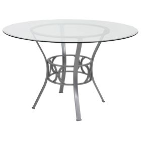 Round 48-inch Glass Top Dining Table with  Metal Frame (Color: Silver)