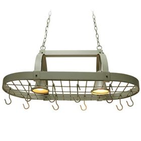 Rustic 2 Light 10 Hook Ceiling Mounted Hanging Pot Rack (Color: Slate Grey)