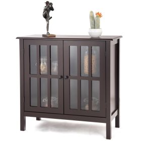 Wood Sideboard Buffet Cabinet with Glass Panel Doors (Color: brown)