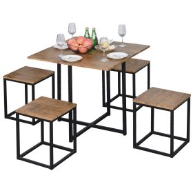 Farmhouse 5 Piece Square Wood Steel Kitchen Dining Set (Color: Walnut)