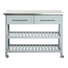 Rolling Kitchen Island 2 Drawers Storage with Stainless Steel Top (Color: Light Grey)