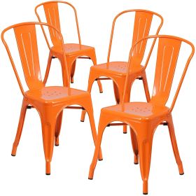 Set of 4 Indoor Outdoor Metal Stacking Bistro Dining Chairs (Color: Orange)