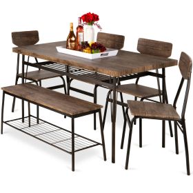 Modern 6-Piece Dining Set with Wood Top Table 4 Chairs and Storage Bench (Color: brown)