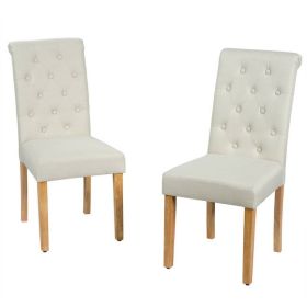 Set of 2  Linen Button Tufted Dining Chair with Wood Legs (Color: Beige)