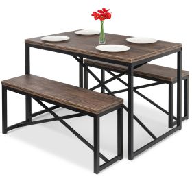 Modern 3-Piece Dining Set - Metal Frame Wood Top Table and 2 Bench Chairs (Color: brown)