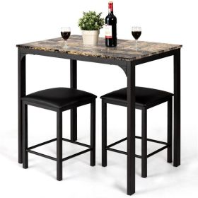 Modern 3-Piece Dining Set Faux Marble Table-Top and 2 Black Chairs Stools (Color: brown)