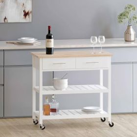 Modern  Kitchen Island Cart with Wood Top 2 Drawers and 2 Bottom Shelves (Color: White)