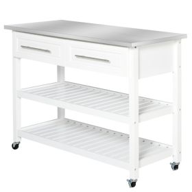 Rolling Kitchen Island 2 Drawers Storage with Stainless Steel Top (Color: White)