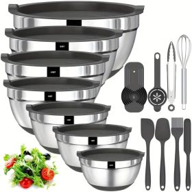 20 mixing bowls with sealed lids, 304 stainless steel metal set bowls, anti slip colored silicone bottom, sizes 7, 3.5, 2.5, 2.0, 1.5, 1, 0.67QT (Color: Grey)