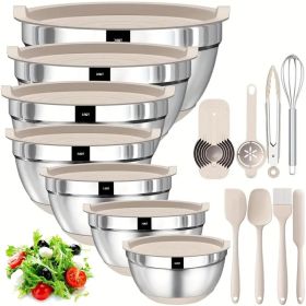 20 mixing bowls with sealed lids, 304 stainless steel metal set bowls, anti slip colored silicone bottom, sizes 7, 3.5, 2.5, 2.0, 1.5, 1, 0.67QT (Color: khaki)