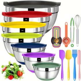 20 mixing bowls with sealed lids, 304 stainless steel metal set bowls, anti slip colored silicone bottom, sizes 7, 3.5, 2.5, 2.0, 1.5, 1, 0.67QT (Color: Multicolor)