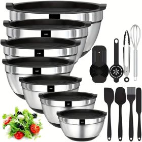 20 mixing bowls with sealed lids, 304 stainless steel metal set bowls, anti slip colored silicone bottom, sizes 7, 3.5, 2.5, 2.0, 1.5, 1, 0.67QT (Color: biack)